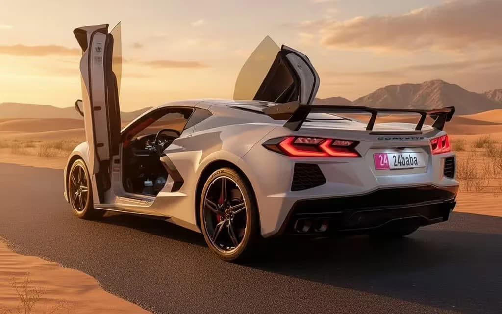 Chevrolet Corvette 2024 White rear view showing taillights – rental in Dubai