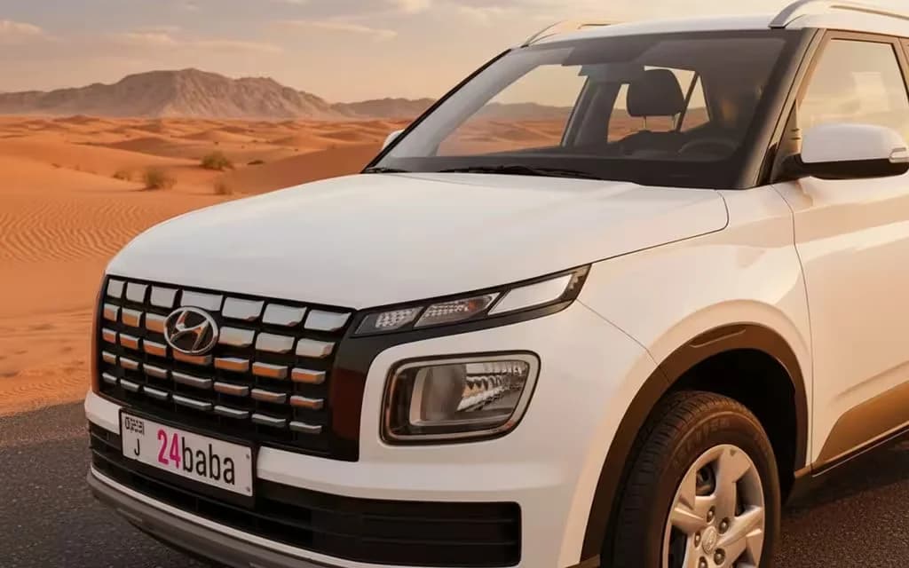 Hyundai Venue 2024 White front view with headlights – rental in Dubai