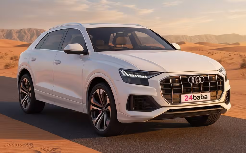 Audi Q8 2023 White front view with headlights – rental in Dubai