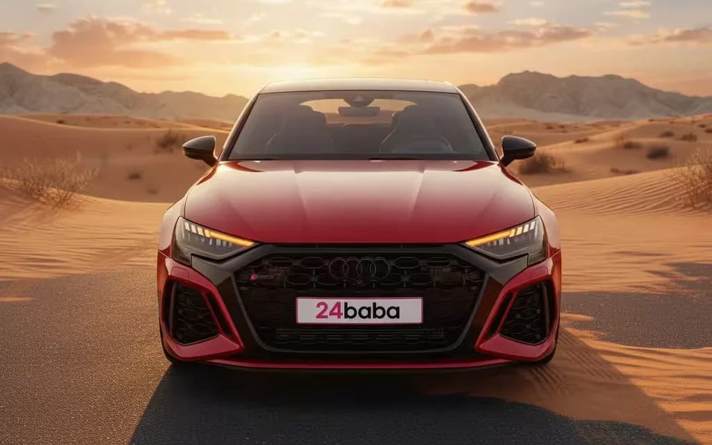 Audi Rs3 2024 Red front view with headlights – rental in Dubai