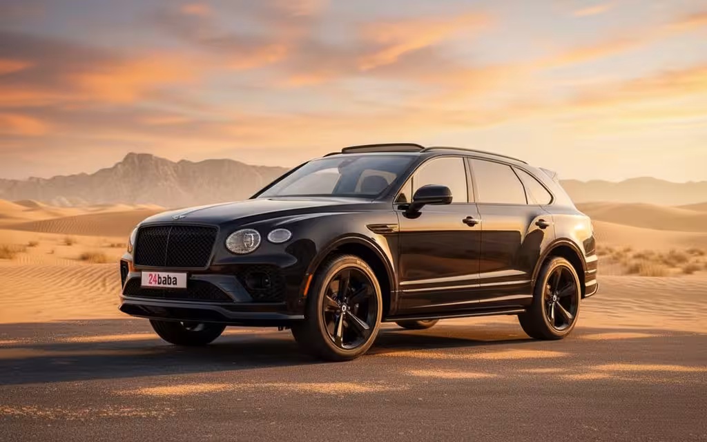Bentley Bentayga 2022 Black front view with headlights – rental in Dubai