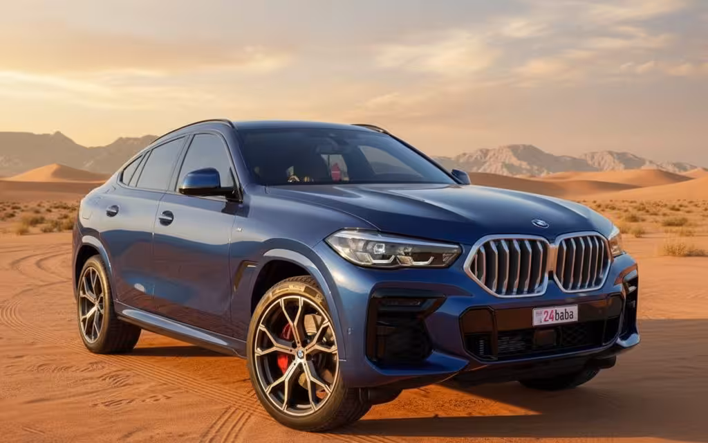 Bmw X6 2022 Blue front view with headlights – rental in Dubai