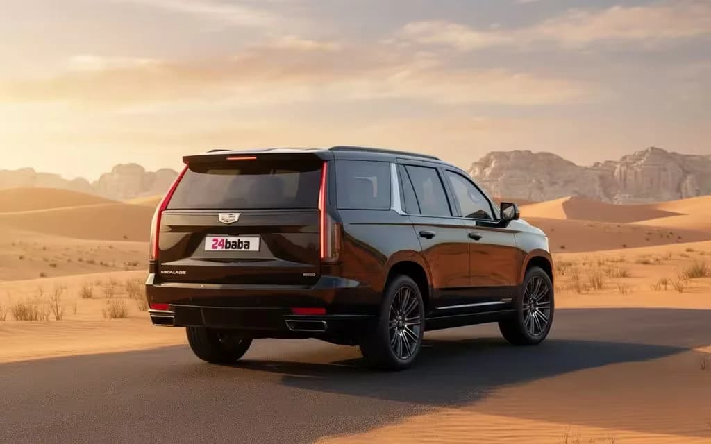 Cadillac Escalade 2023 Black rear view showing taillights – rental in Dubai