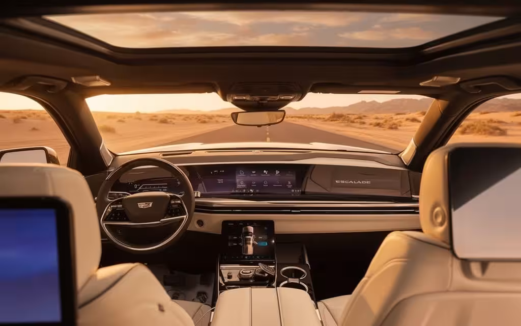 Cadillac Escalade 2026 interior view showing trim – rental in Dubai