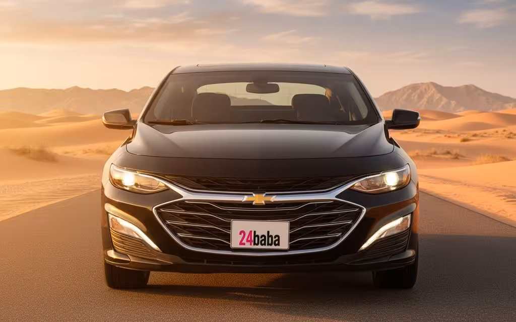Chevrolet Malibu 2021 Black front view with headlights – rental in Dubai