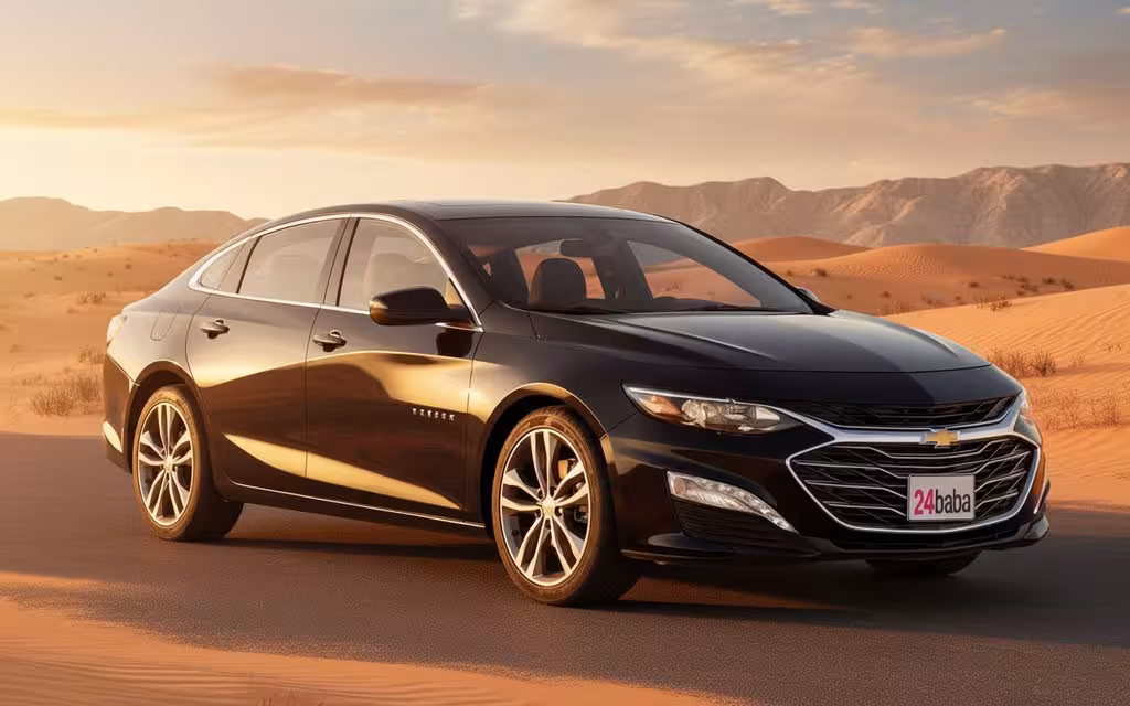 Chevrolet Malibu 2021 Black parked outdoor scene – rental in Dubai