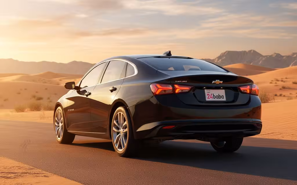 Chevrolet Malibu 2021 Black parked outdoor scene – rental in Dubai