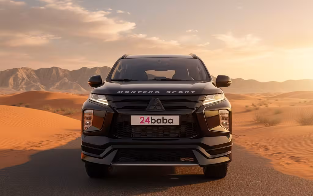 Mitsubishi Montero 2023 Black front view with headlights – rental in Dubai