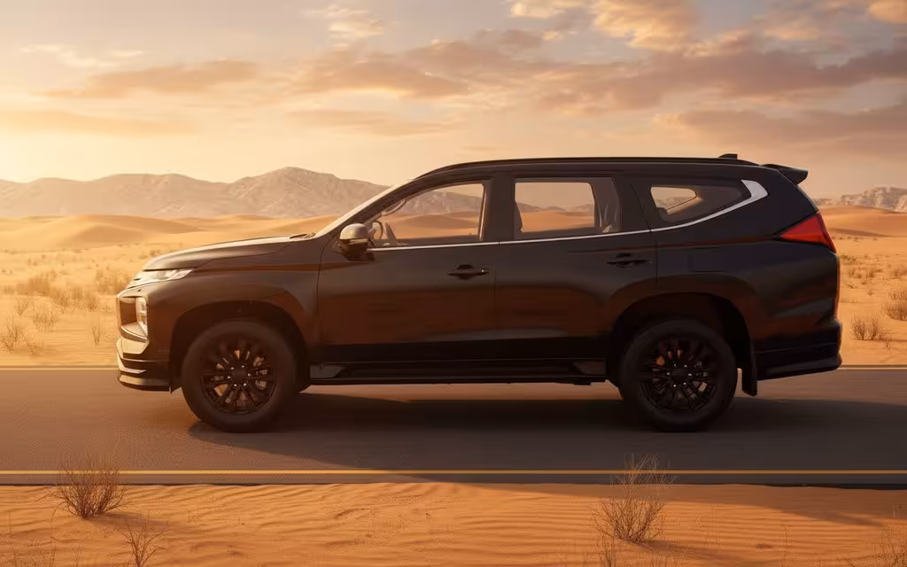 Mitsubishi Montero 2023 Black side profile – rental in Dubai