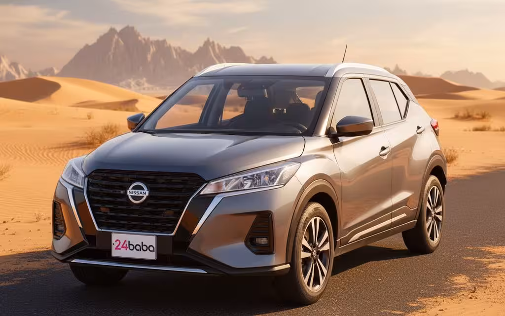 Nissan Kicks 2022 Grey front view with headlights – rental in Dubai