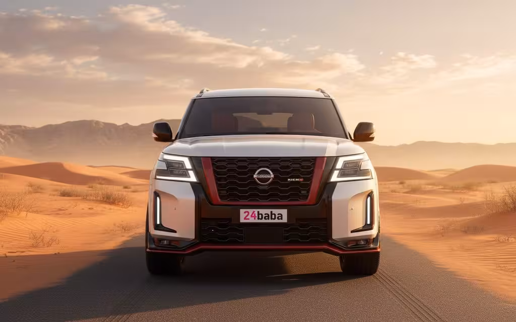 Nissan Patrol 2025 Silver front view with headlights – rental in Dubai