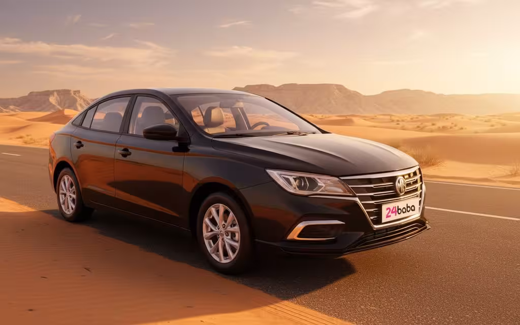 Mg 5 2023 Black front view with headlights – rental in Dubai