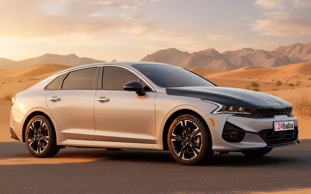 Kia K5 2023 Grey side profile – rental in Dubai