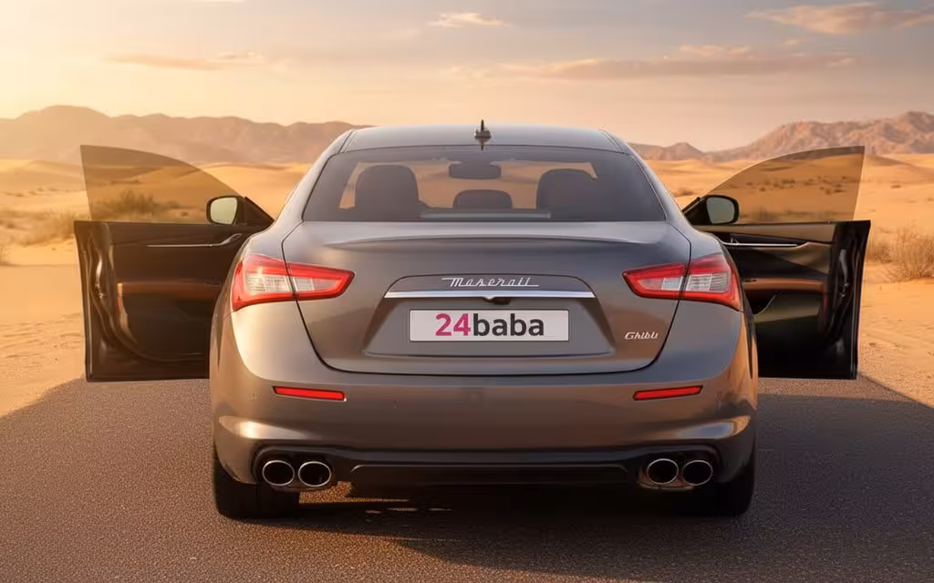 Maserati Ghibli 2021 Grey rear view showing taillights – rental in Dubai