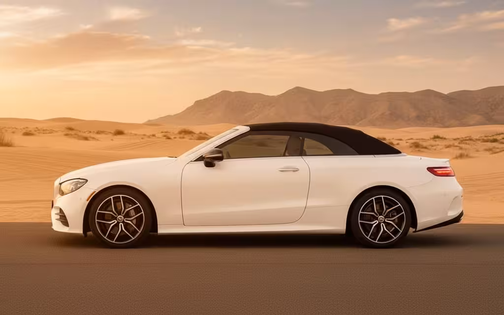 Mercedes E450 2022 White side profile – rental in Dubai