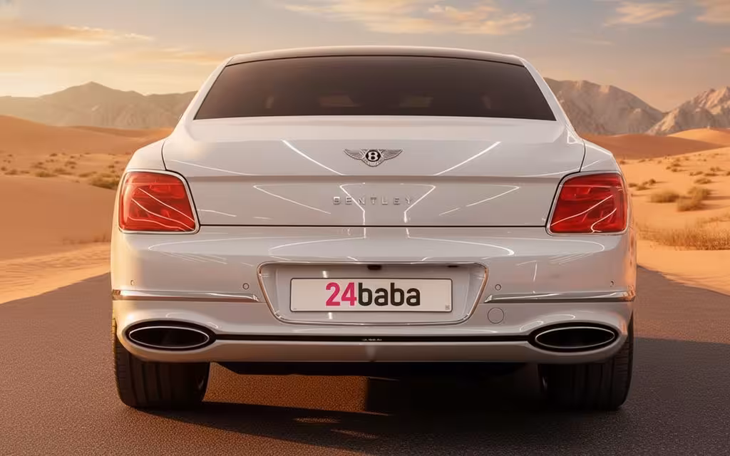 Bentley ContinentalFlyingSpur 2023 White rear view showing taillights – rental in Dubai