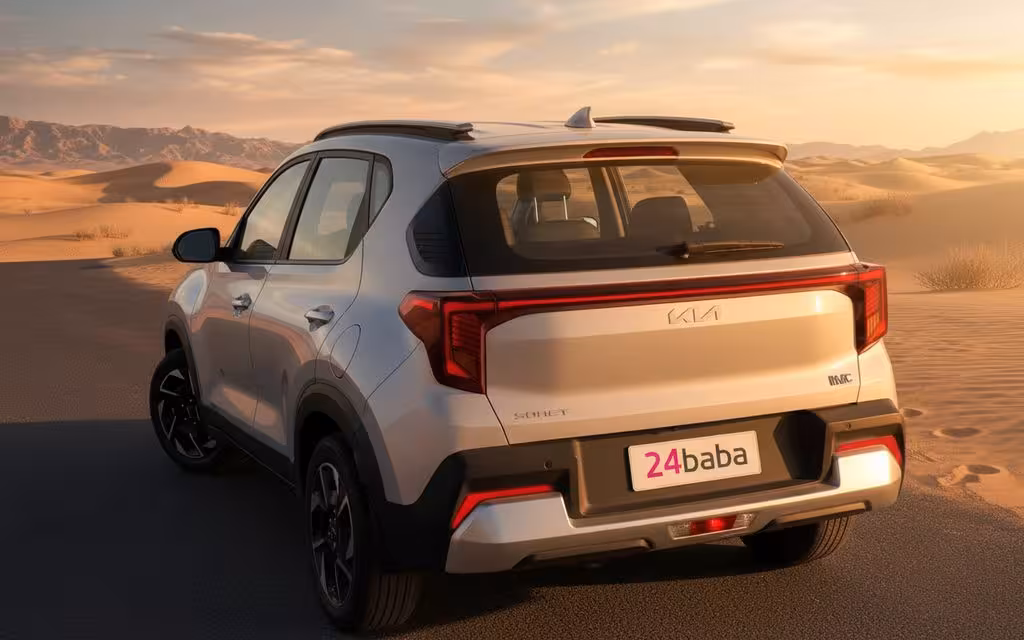 Kia Sonet 2025 Silver rear view showing taillights – rental in Dubai
