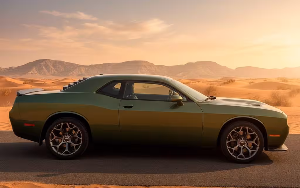 Dodge Challenger 2021 Green side profile – rental in Dubai