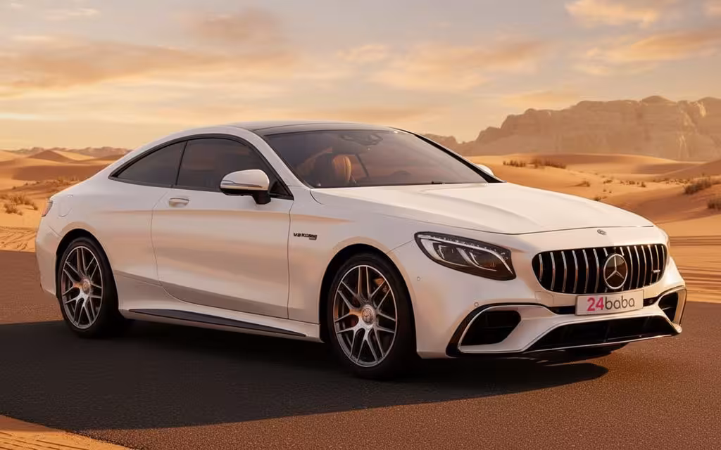 Mercedes S63 2025 White front view with headlights – rental in Dubai
