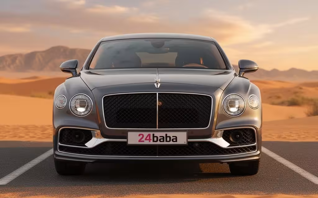 Bentley ContinentalFlyingSpur 2024 Grey front view with headlights – rental in Dubai
