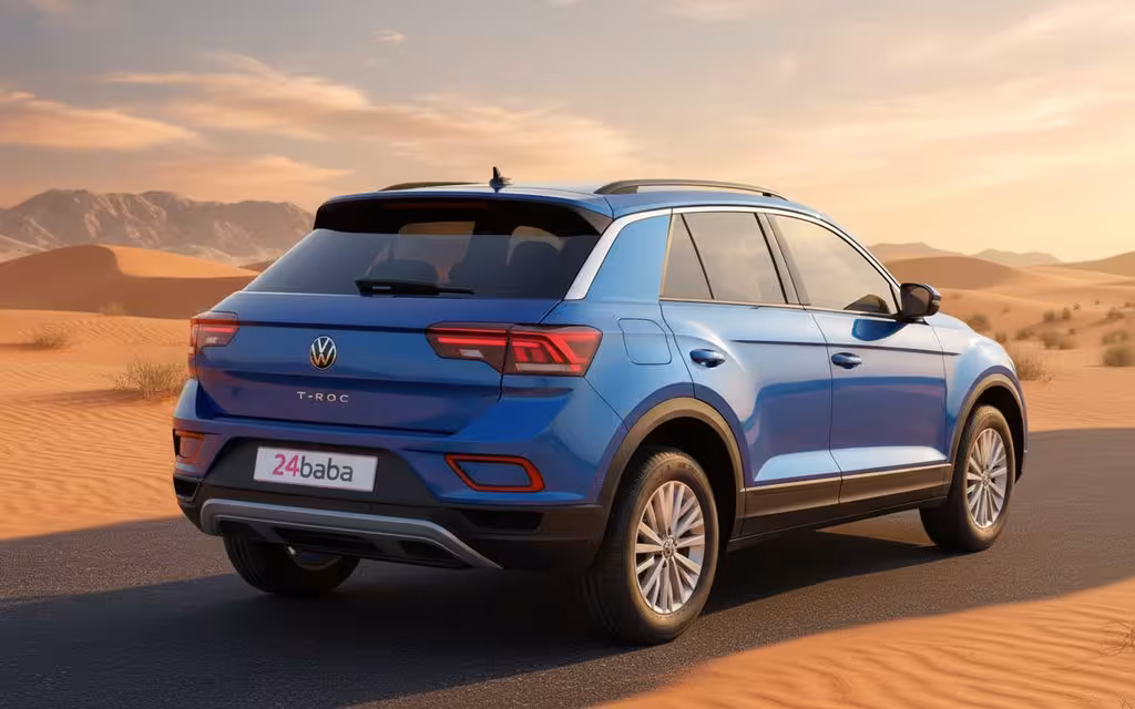 Volkswagen T Roc 2023 Blue rear view showing taillights – rental in Dubai