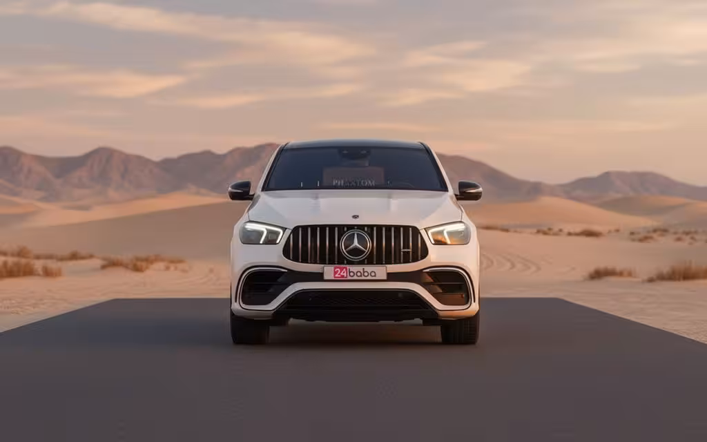 Mercedes Gle63 2021 White front view with headlights – rental in Dubai