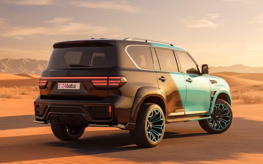 Nissan Patrol 2020 Blue rear view showing taillights – rental in Dubai