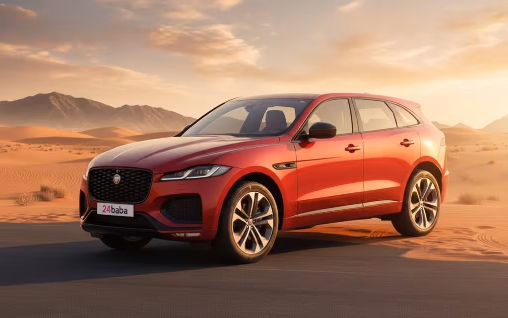 Jaguar F Pace 2025 Red parked outdoor scene – rental in Dubai