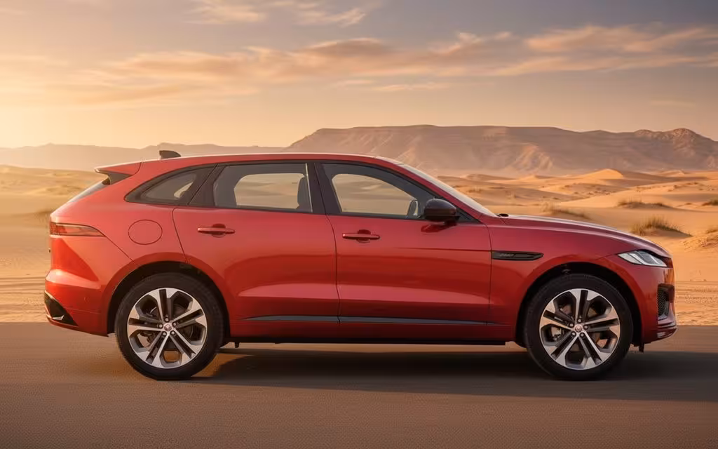 Jaguar F Pace 2025 Red side profile – rental in Dubai