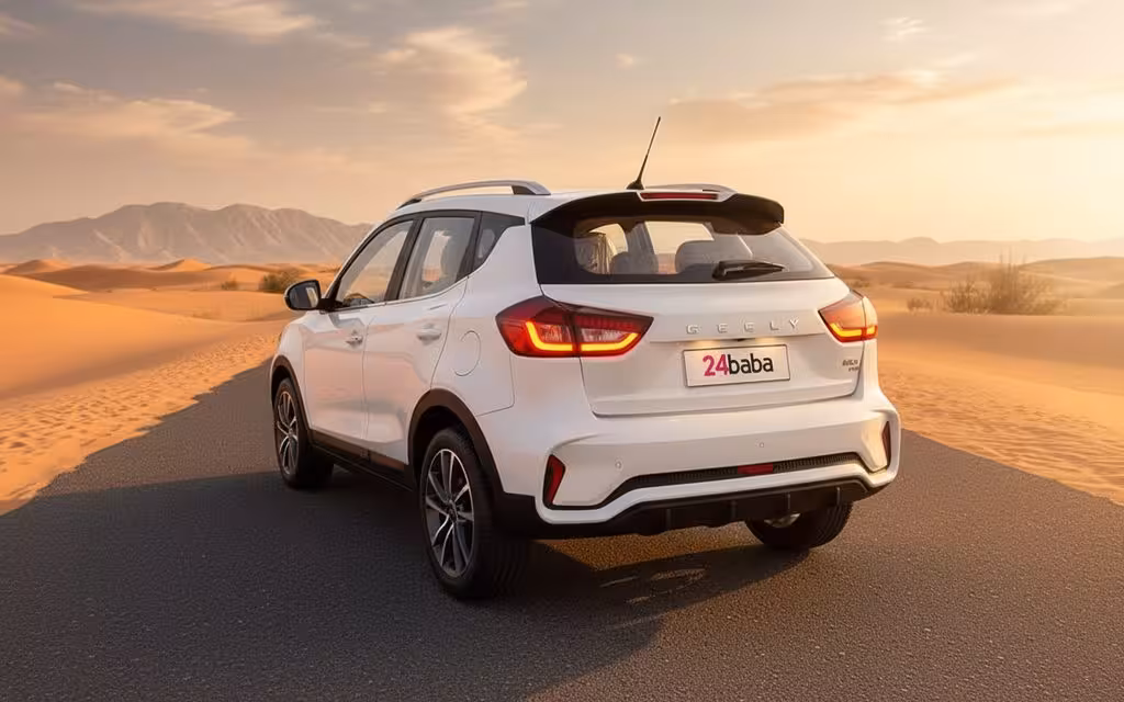 Geely Gx3 2026 White rear view showing taillights – rental in Dubai