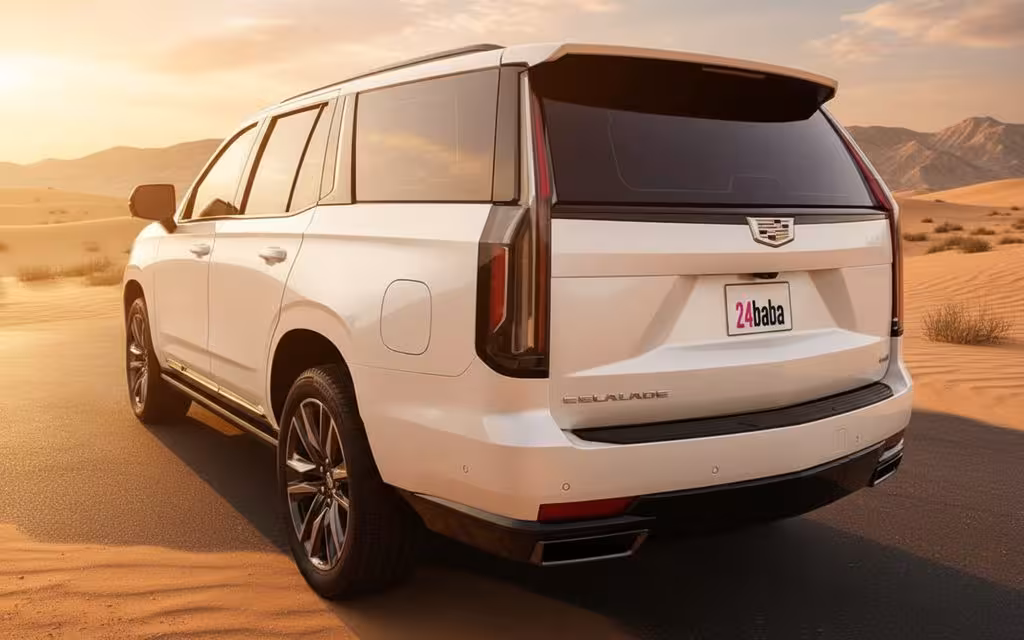 Cadillac Escalade 2023 White rear view showing taillights – rental in Dubai