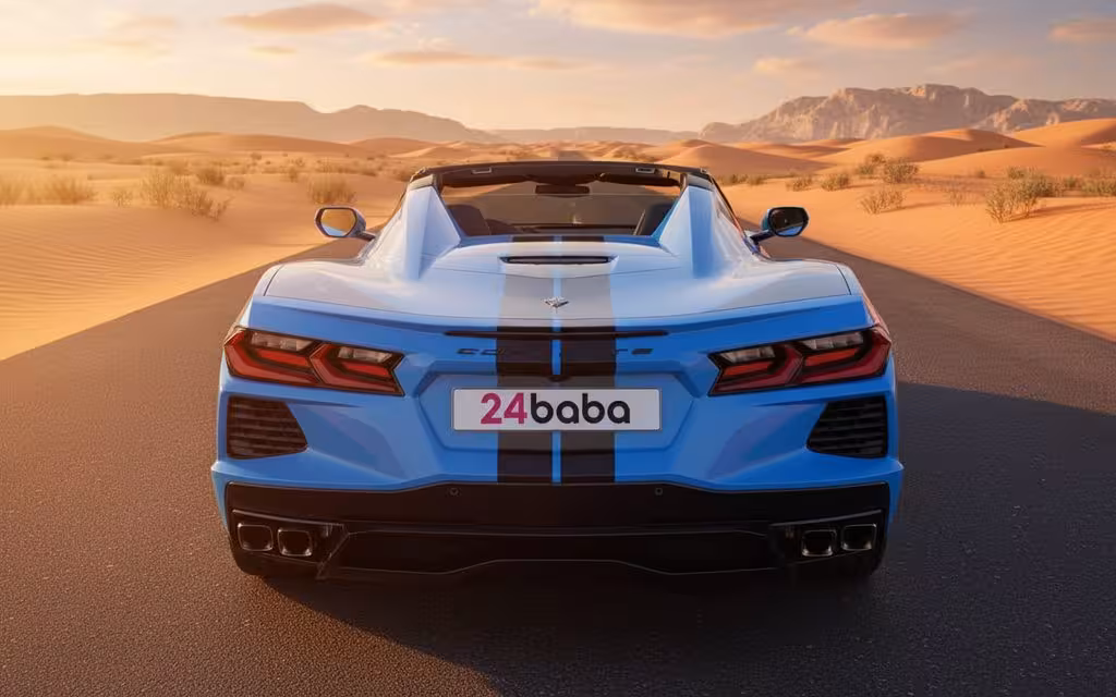 Chevrolet Corvette 2025 Blue rear view showing taillights – rental in Dubai