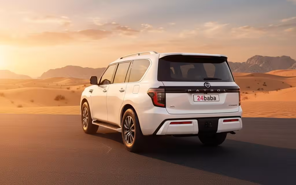 Nissan Patrol 2025 White rear view showing taillights – rental in Dubai