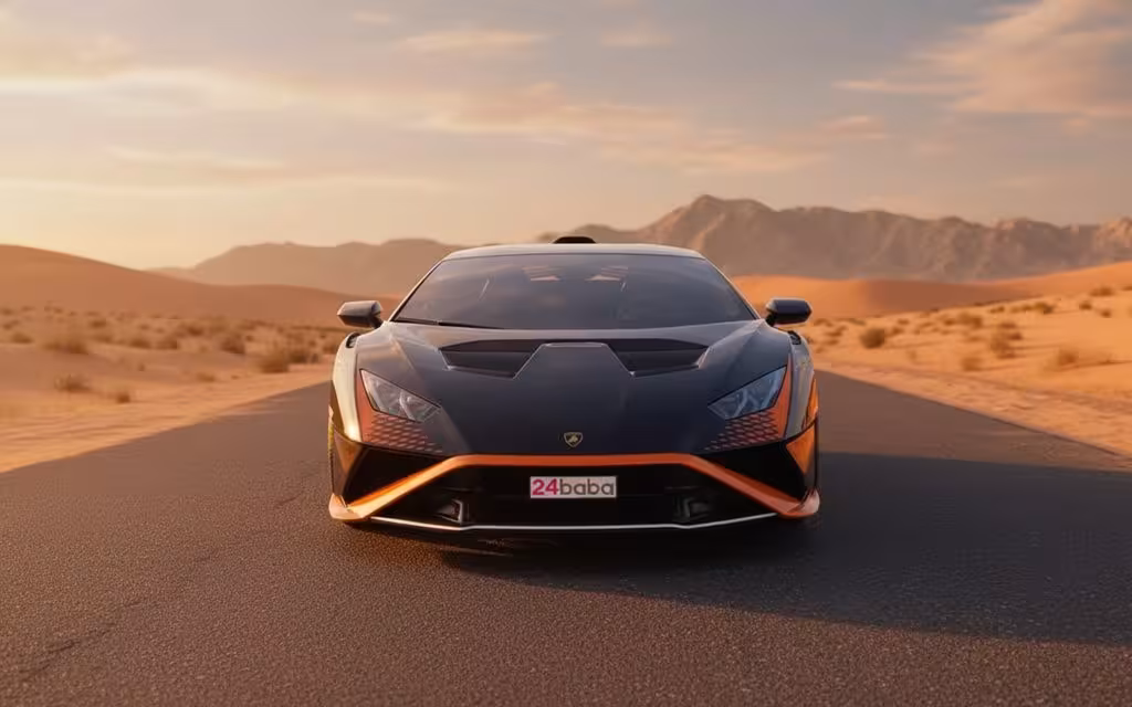 Lamborghini Huracan 2022 Black front view with headlights – rental in Dubai