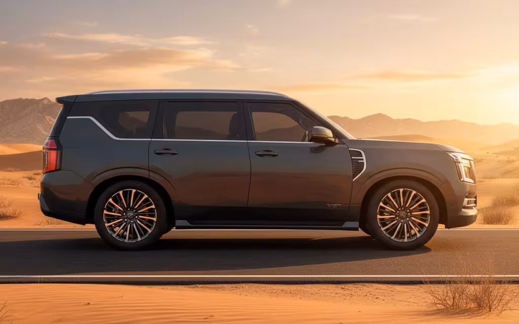 Nissan Patrol 2025 Green side profile – rental in Dubai Nissan Patrol 2025 Green side profile – rental in Dubai