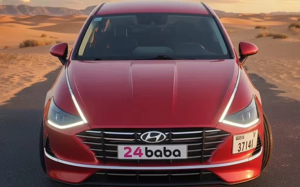 Hyundai Sonata 2021 Red front view with headlights – rental in Dubai
