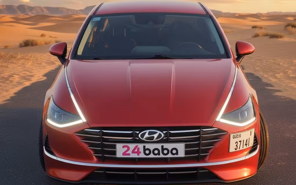Hyundai Sonata 2021 Red front view with headlights – rental in Dubai