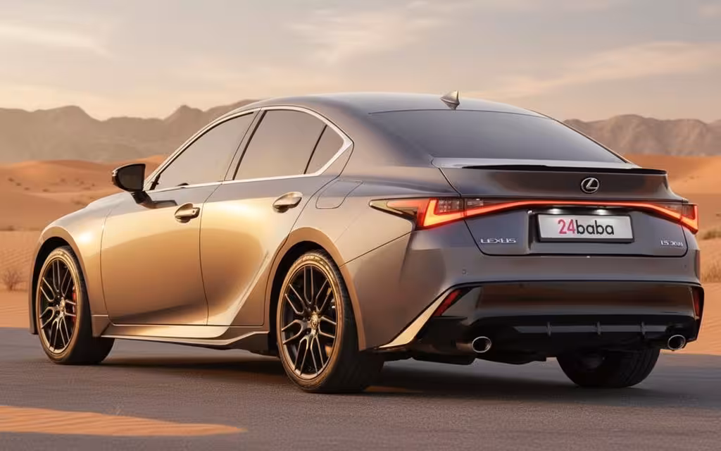 Lexus Is 2022 Grey rear view showing taillights – rental in Dubai