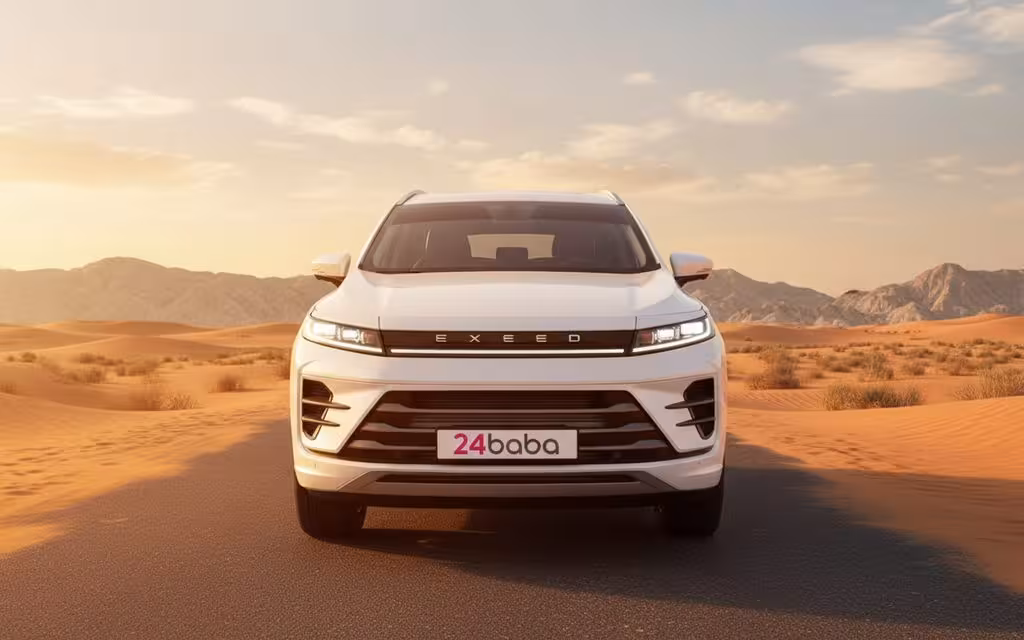 Exeed Lx 2024 White front view with headlights – rental in Dubai