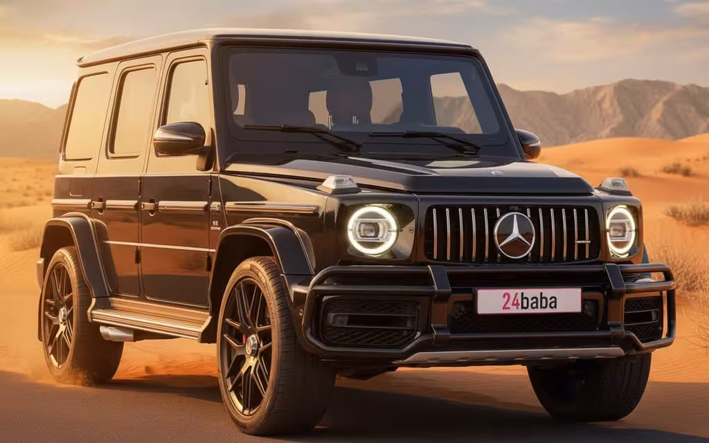 Mercedes G63 2020 Black front view with headlights – rental in Dubai