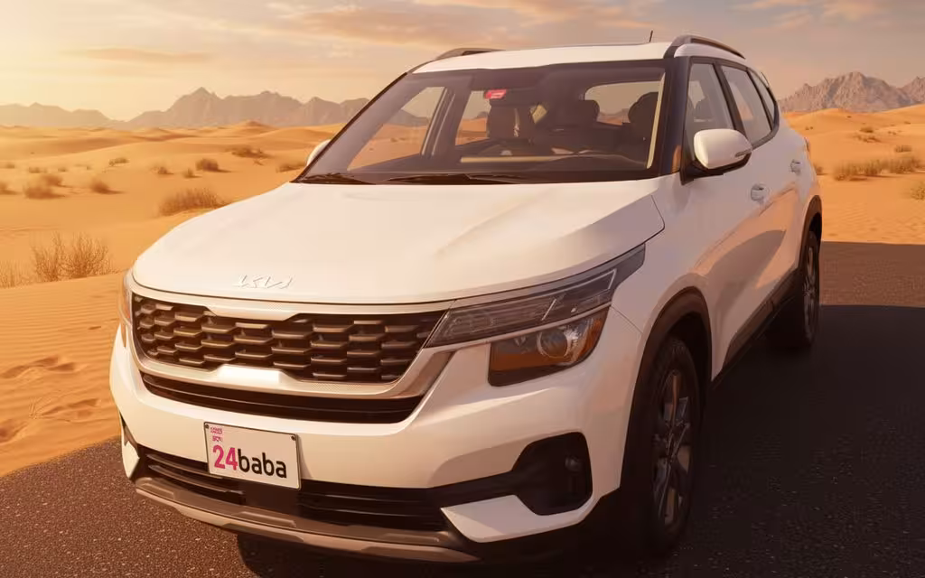 Kia Seltos 2025 White front view with headlights – rental in Dubai