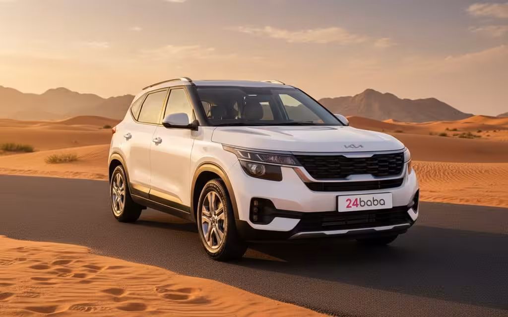 Kia Seltos 2025 White front view with headlights – rental in Dubai