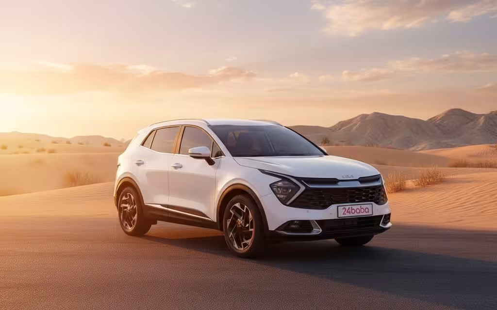 Kia Sportage 2023 White front view with headlights – rental in Dubai