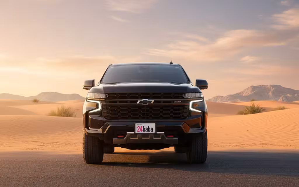 Chevrolet Tahoe 2023 Black front view with headlights – rental in Dubai