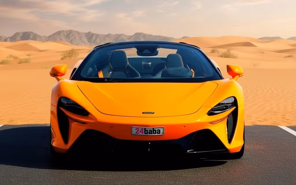 Mclaren Artura 2025 Orange front view with headlights – rental in Dubai