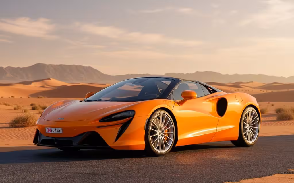 Mclaren Artura 2025 Orange front view with headlights – rental in Dubai