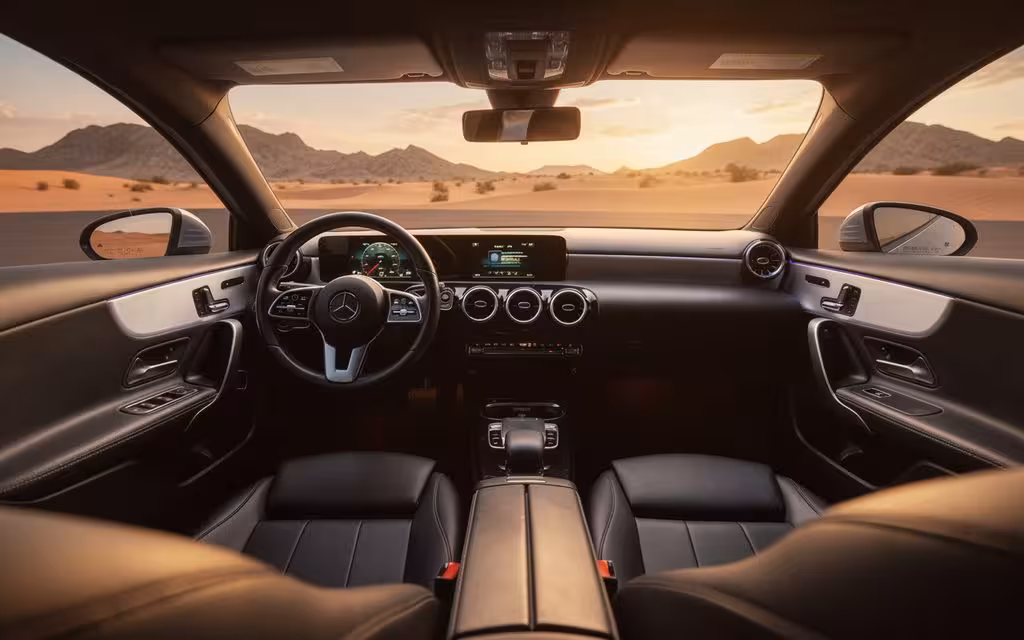 Mercedes A220 2025 interior view showing trim – rental in Dubai