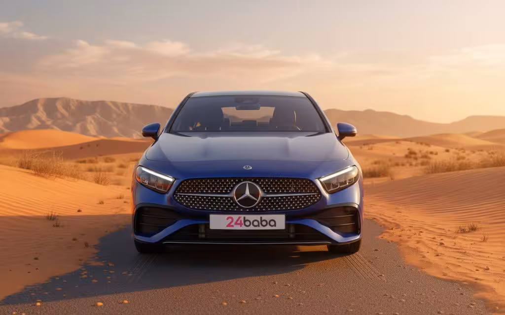 Mercedes A220 2022 Blue front view with headlights – rental in Dubai
