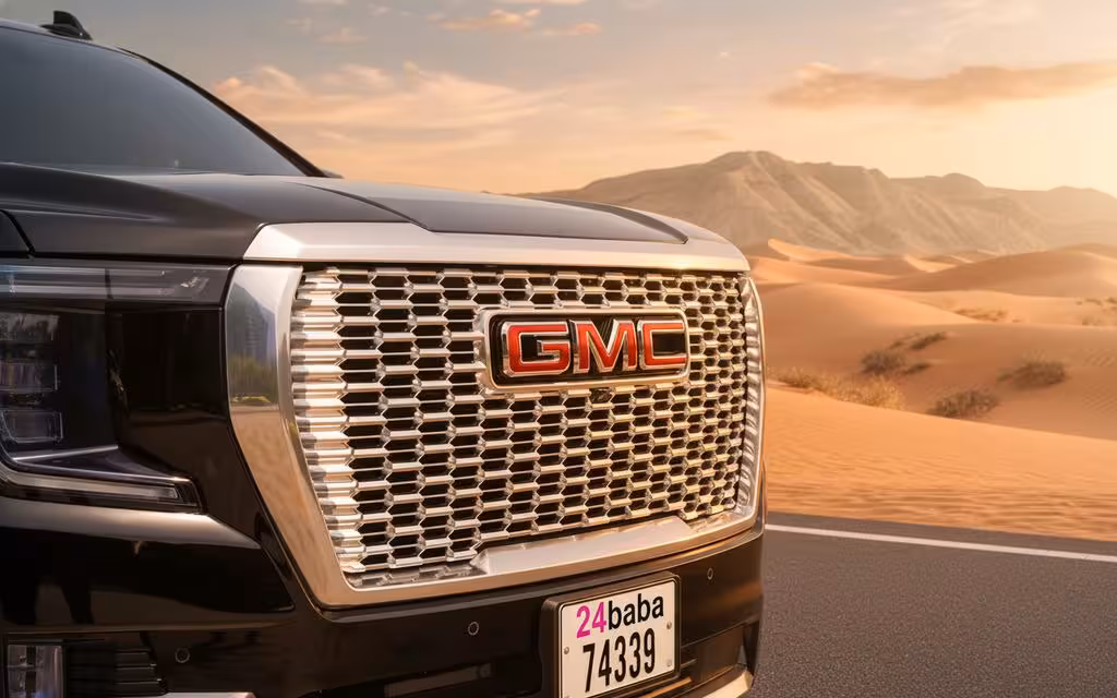Gmc Yukon 2023 model badge close up – rental in Dubai