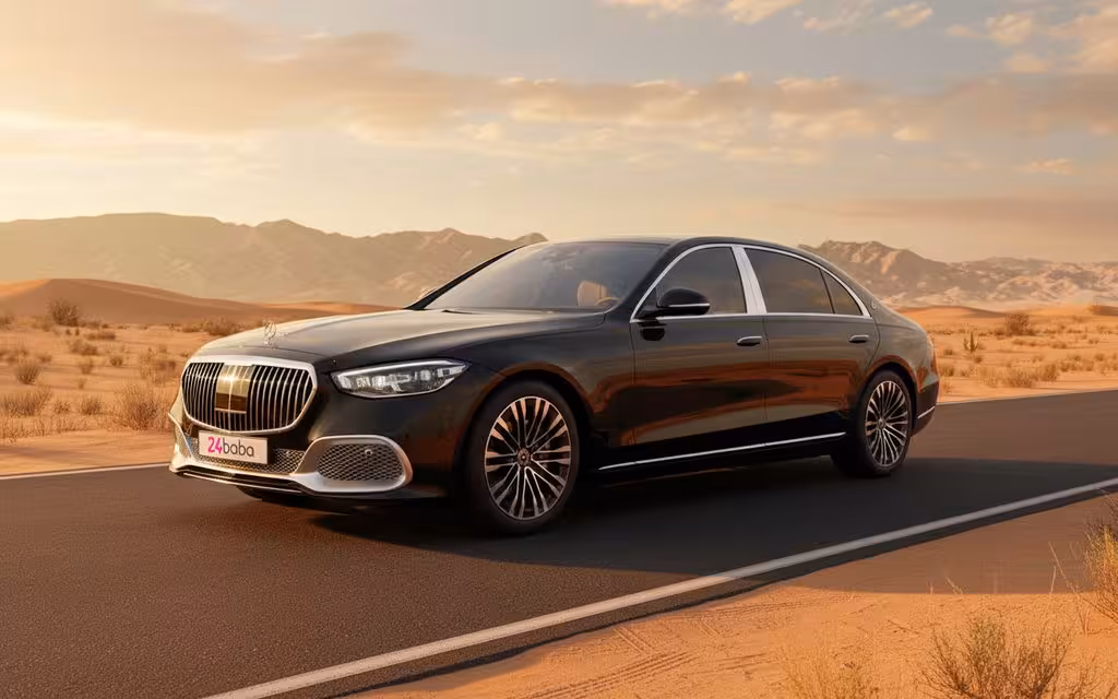 Mercedes S580 2021 Black front view with headlights – rental in Dubai